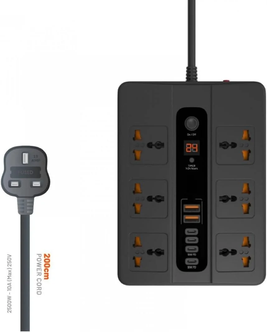 محافظ برق 6 پریز با تایمر، 4 پورت USB-C و 2 پورت USB، 3000 وات، 13 آمپر، کابل 3 متری، دوشاخه UK