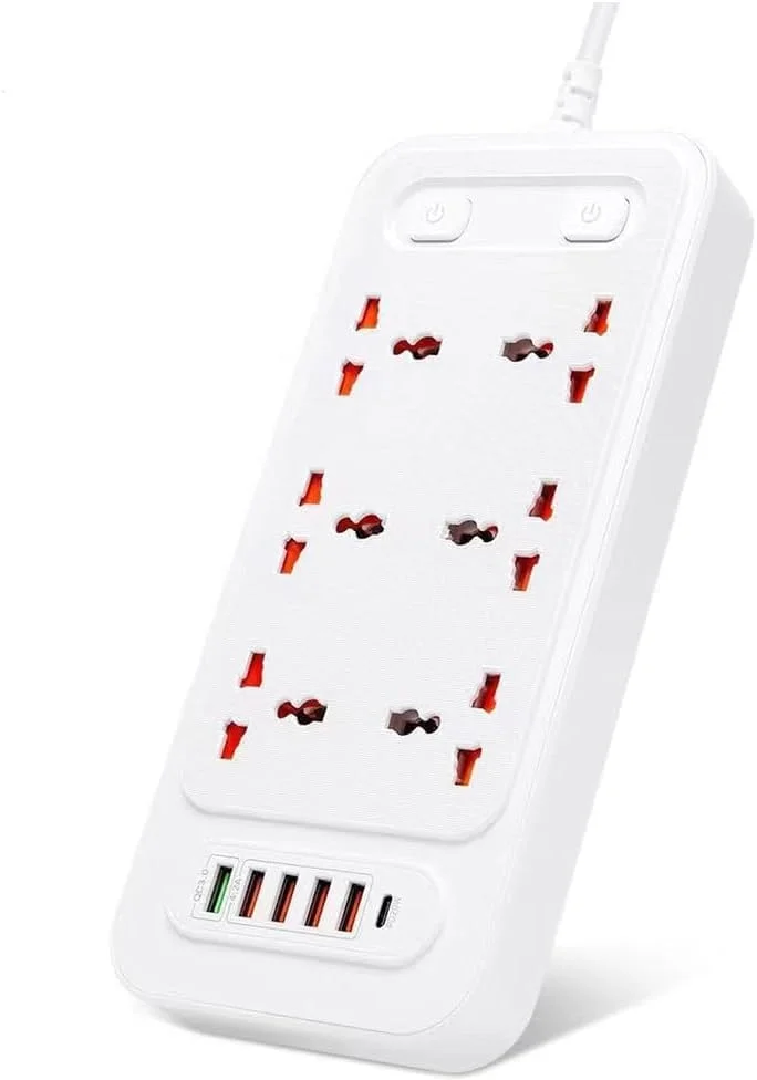 محافظ برق 6 خانه با پورت USB، پریزهای برق جهانی، شارژ سریع، (چندگانه)