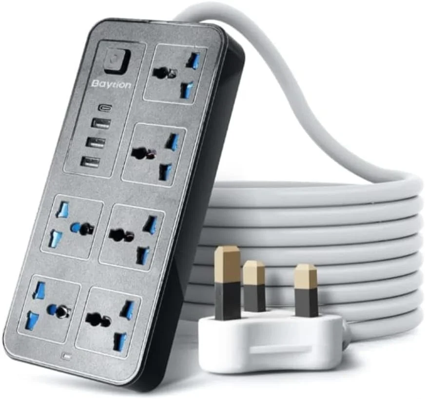 افزایش دهنده برق 6 راهه با 3 پورت USB - سوکت جهانی، محافظ نوسانات، کابل 3 متری، محافظت در برابر اضافه بار، دوشاخه تخت بریتانیایی - ایده آل برای خانه، دفتر و مسافرت (2 عدد)