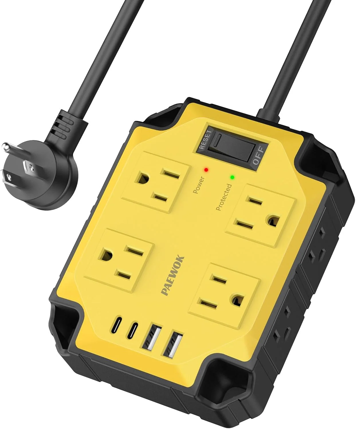 محافظ برق صنعتی با 8 خروجی و 4 پورت USB (2 پورت USB-C)، محافظ مغناطیسی 15 آمپر/1200 ژول، سیم سیار 2 متری چند شاخه برای کارگاه و گاراژ (زرد)