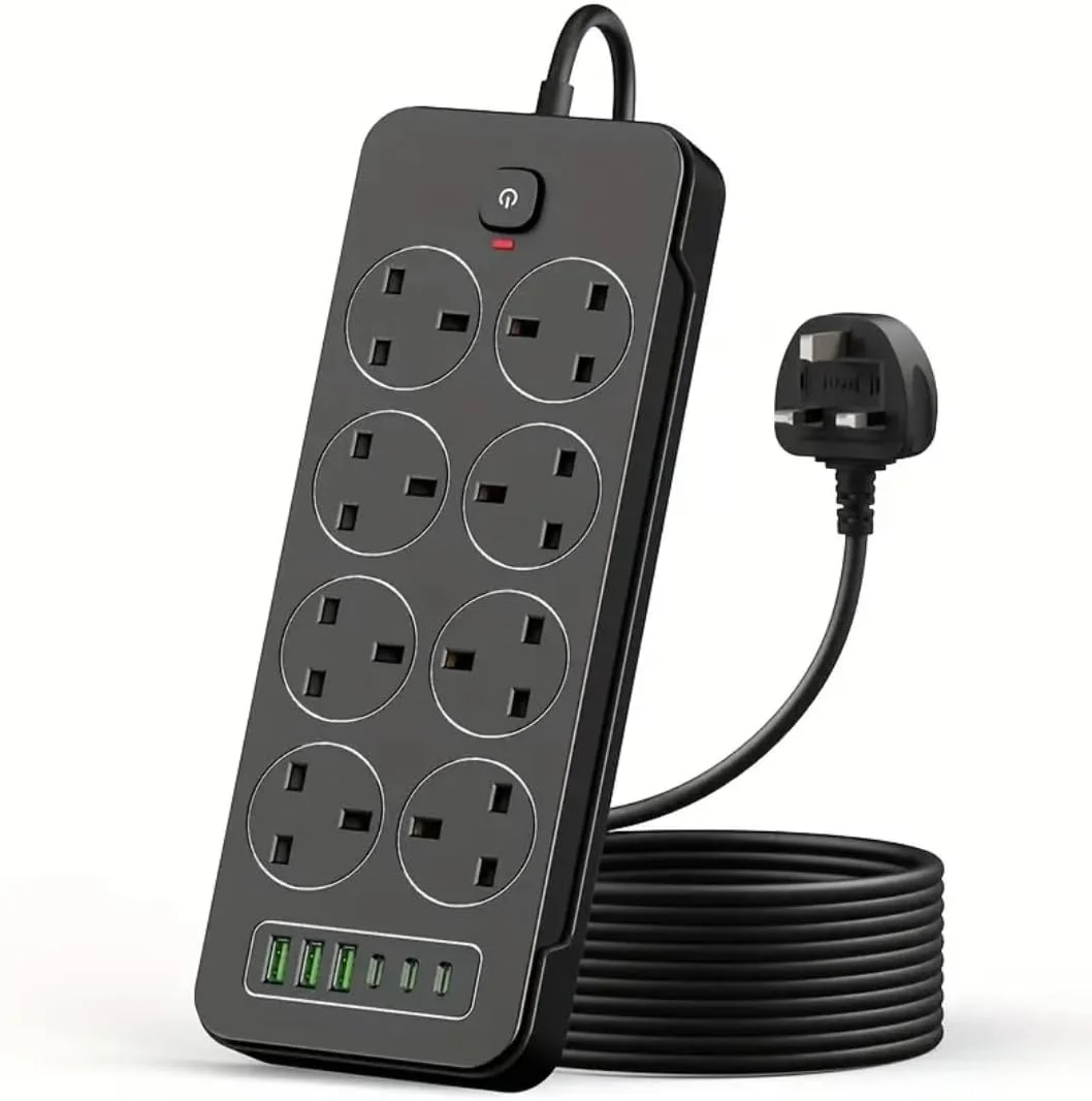 محافظ برق 8 پریز با 6 پورت USB، کابل 2 متری، مشکی
