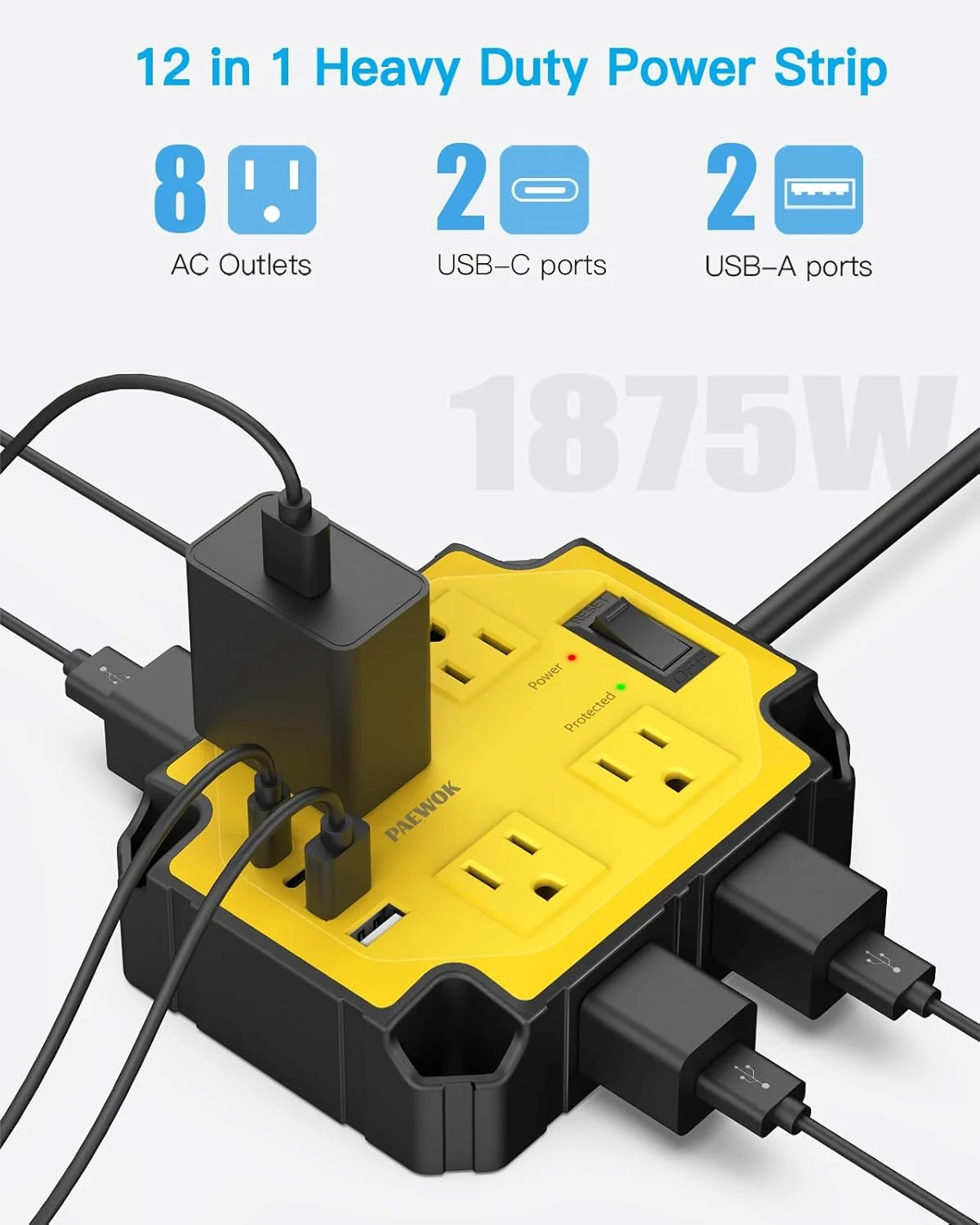 محافظ برق صنعتی با 8 خروجی و 4 پورت USB (2 پورت USB-C)، محافظ مغناطیسی 15 آمپر/1200 ژول، سیم سیار 2 متری چند شاخه برای کارگاه و گاراژ (زرد)