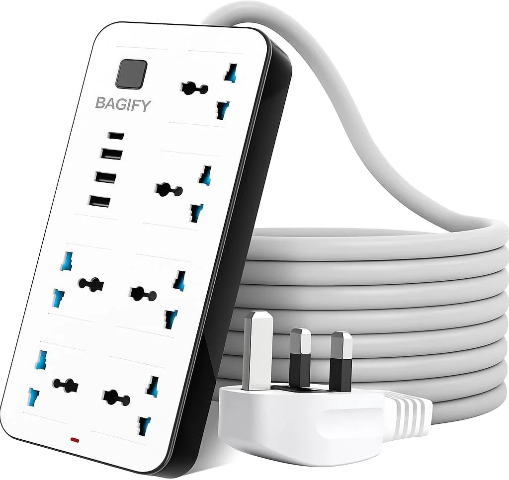 محافظ برق مدل A38 با 6 پریز برق و 3 پورت USB، سفید، 2500 وات، 250 ولت، شارژ خودکار، سازگار با کامپیوتر، موبایل و دستگاه های صوتی