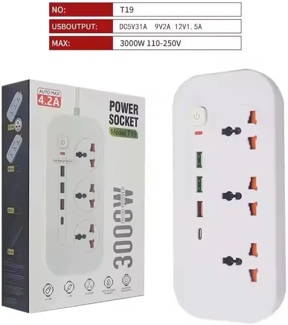 سیم سیار برق ABKPOINT با 3 پریز برق، 3 پورت USB و 1 پورت Type-C، کابل 2 متری با کیفیت برای شارژ در خانه، محل کار و مسافرت | شريط تمديد كهرباء مع USB سريع الشحن