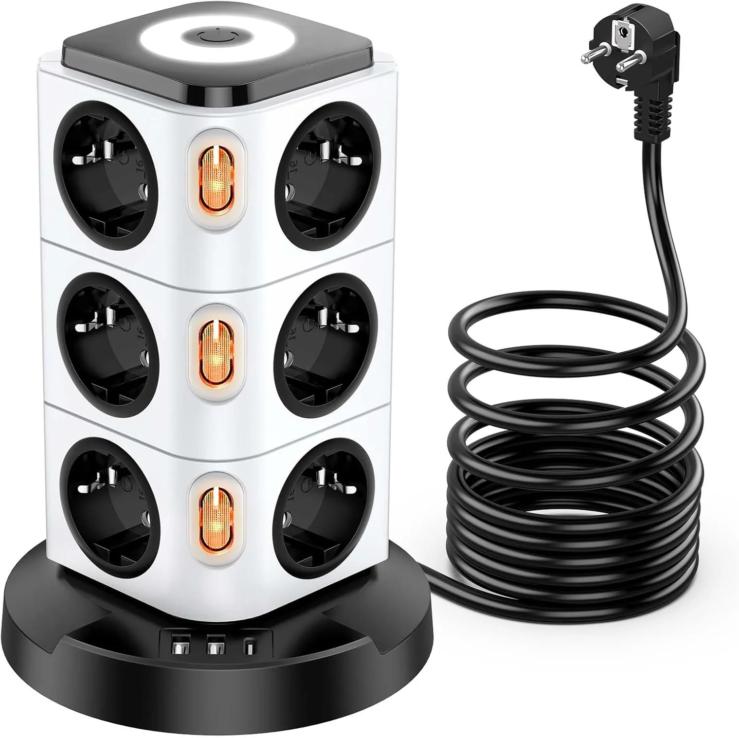 برج چند راهی برق Acodot، محافظ برق 12 پورت با USB، مکعبی، با 4 کلید، چراغ خواب با طراحی اصلی و 3 پورت USB، کابل 3 متری، 2500 وات برای دفتر