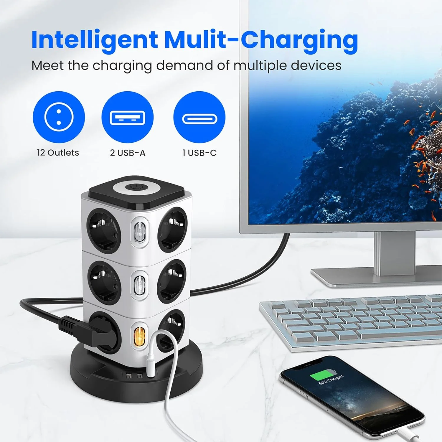 برج چند راهی برق Acodot، محافظ برق 12 پورت با USB، مکعبی، با 4 کلید، چراغ خواب با طراحی اصلی و 3 پورت USB، کابل 3 متری، 2500 وات برای دفتر