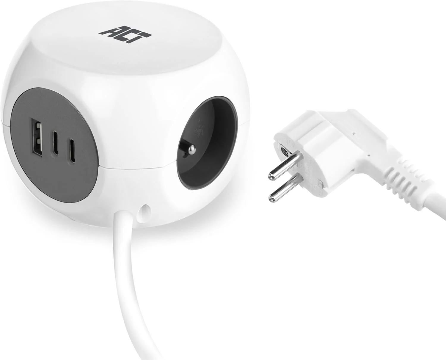 مکعب پریز برق ACT با USB، محافظ برق 2 عدد USB-C (30 وات PD 3.0) و 1 عدد USB-A (QC 3.0)، شارژر 3 طرفه، با پد چسبی برای آشپزخانه، دفتر، اتاق نشیمن، طول کابل 1.5 متر، رنگ سفید - AC2425