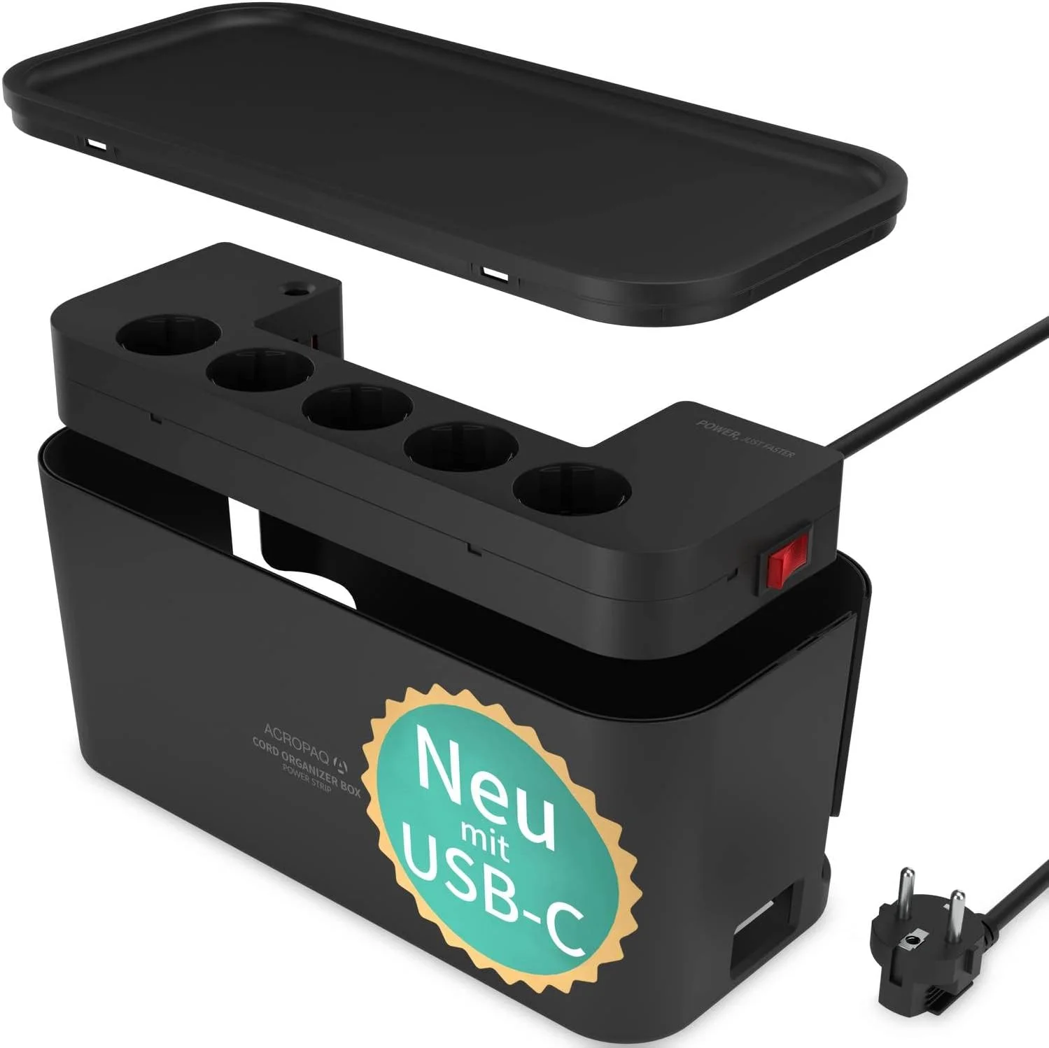 جعبه کابل Acropaq با محافظ برق - دارای 8 پریز، شارژر سریع USB-C و USB-A، ابعاد 33x14x14 سانتی متر - برای پنهان کردن کابل، سازمان دهنده کابل، جعبه مدیریت کابل، جعبه کابل، مشکی