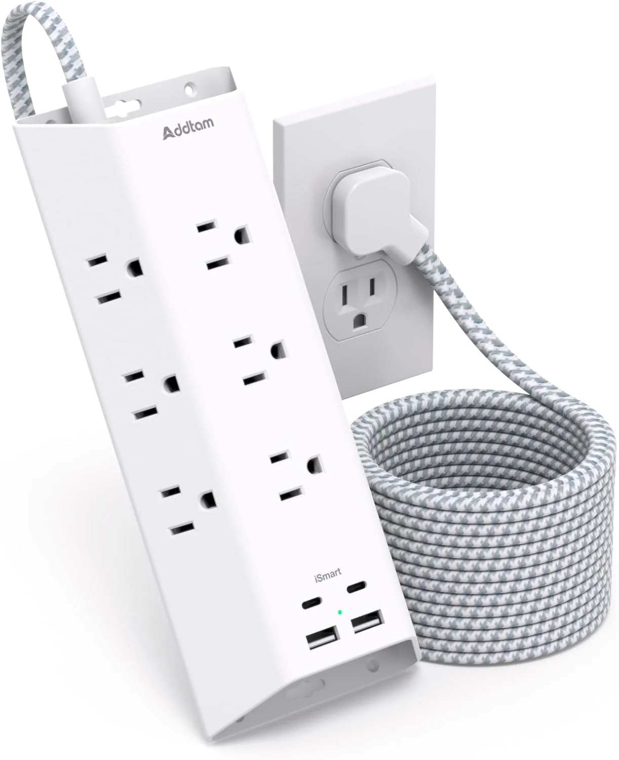 آدتم - محافظ برق با سیم удлинительный تخت 1.5 متری، دارای 4 شارژر دیواری USB (2 پورت USB C)، 9 پریز برق عریض، ایستگاه شارژ محافظ برق