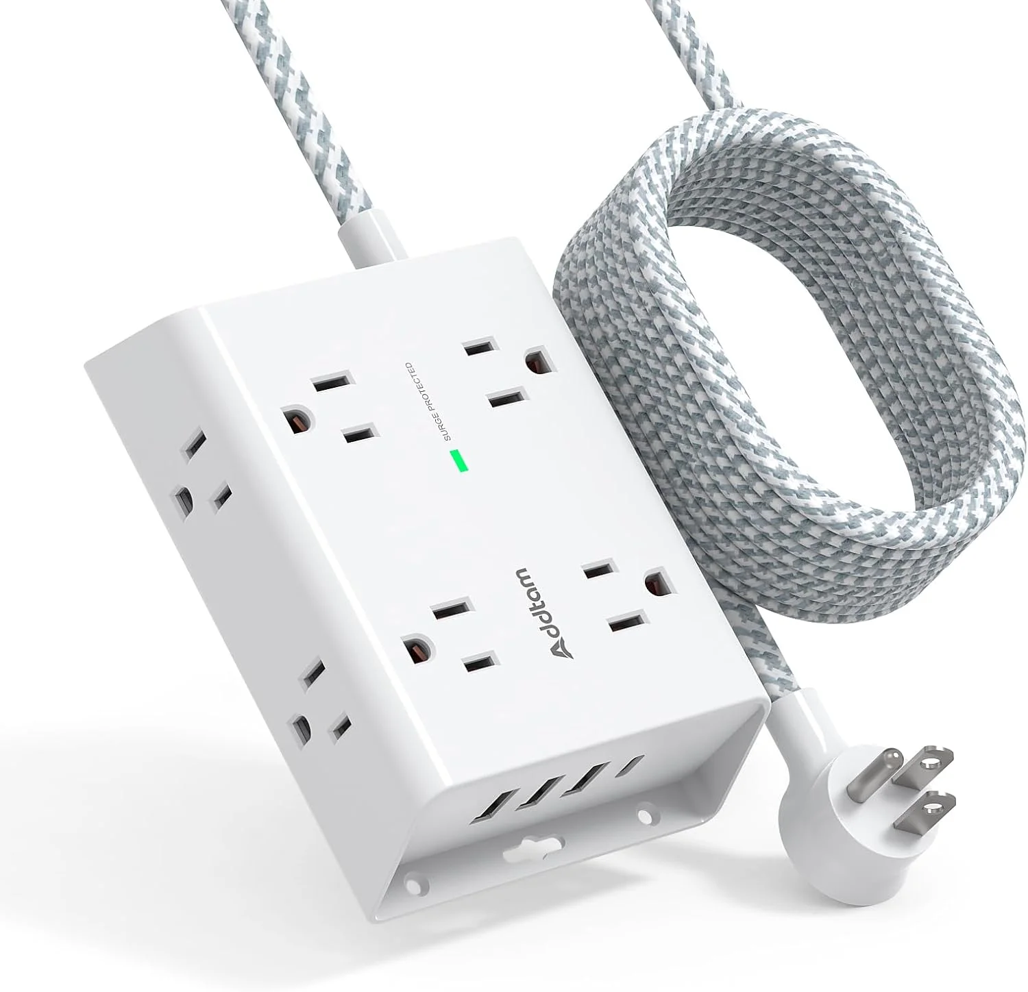 محافظ برق Addtam با سیم удлинительный 4.5 متری، دارای 8 پریز AC و 4 پورت USB (1 پورت USB C)، удлинительный پریز 3 طرفه، دوشاخه تخت، قابل نصب