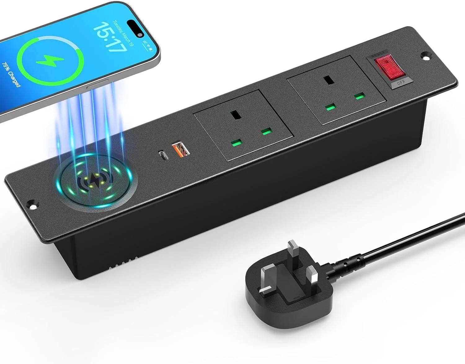 پریز برق رومیزی Airmom USB C 20W، نوار برق توکار 2 USB با شارژ بی سیم 15 واتی برای میز کار خانگی، کابل 2 متری
