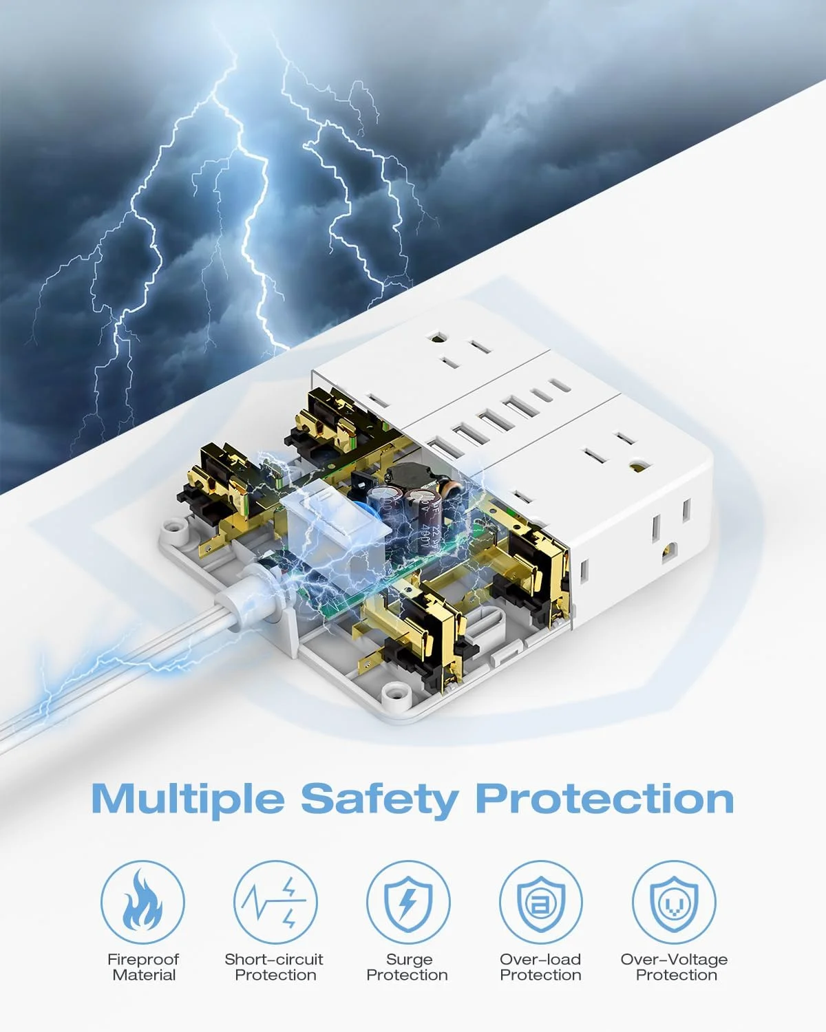 محافظ برق چند منظوره با دوشاخه تخت، AOFO، دارای 12 پریز AC و 6 پورت USB (2 پورت USB-C)، قابلیت نصب روی دیوار، سیم 1.5 متری، مناسب برای خانه، اداره و خوابگاه