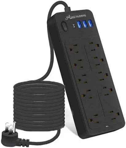محافظ برق 25 فوتی با محافظت در برابر نوسانات 1700J، 16Awg، 1625W/13A، دارای 10 پریز برق و 4 پورت USB (1 پورت USB C)، سیم удлинитель بلند با چند پریز برق، محافظ برق تخت 14 در 1، مشکی