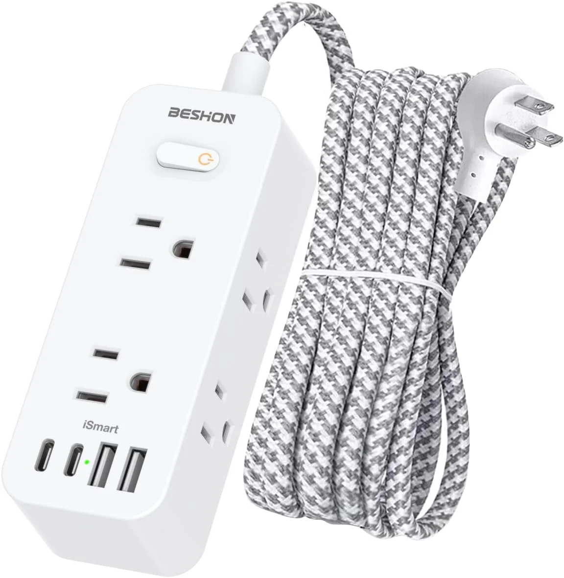 BESHON - سیم رابط 3 متری، محافظ برق با 6 پریز AC، 3 پورت USB (شامل 1 پورت USB C)، توسعه دهنده پریز 3 طرفه، دوشاخه تخت، قابلیت نصب روی دیوار