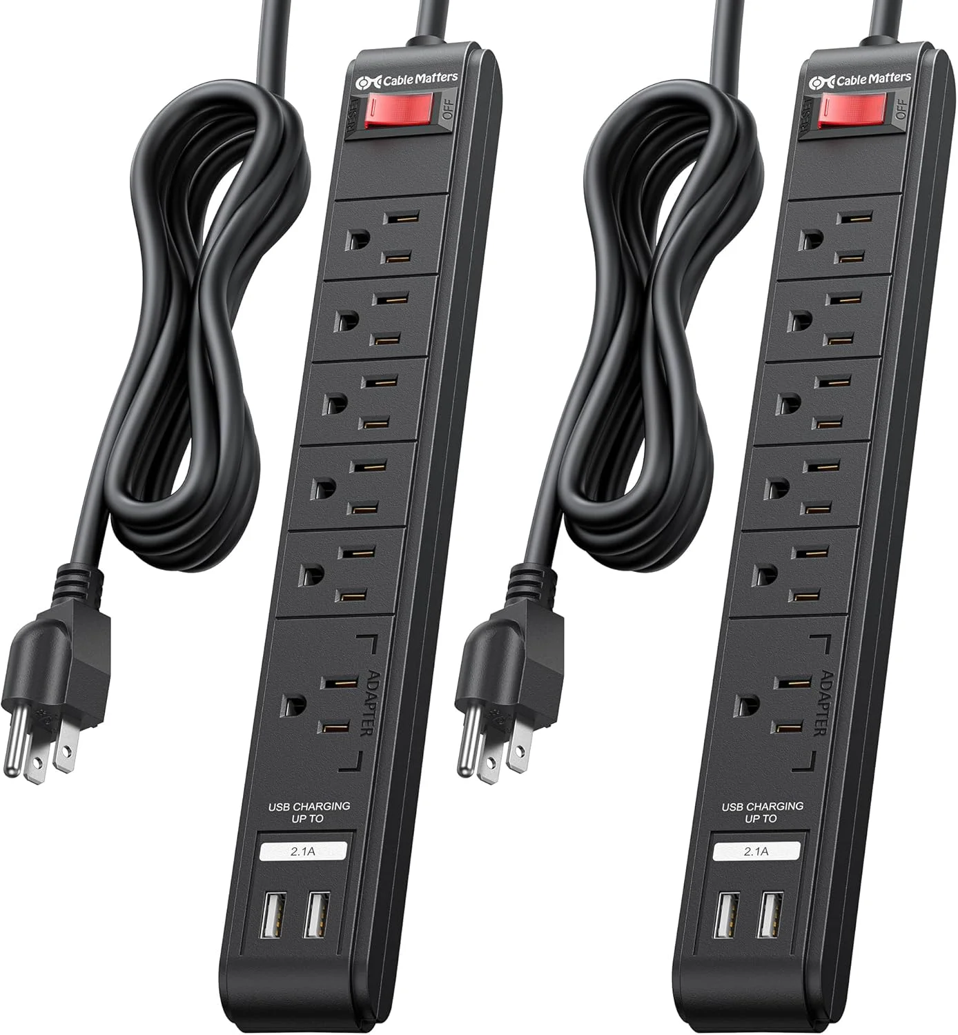 محافظ برق 6 خروجی Cable Matters (دو عددی) با درگاه‌های شارژ USB / 300 ژول با سیم برق 2.4 متری - مشکی