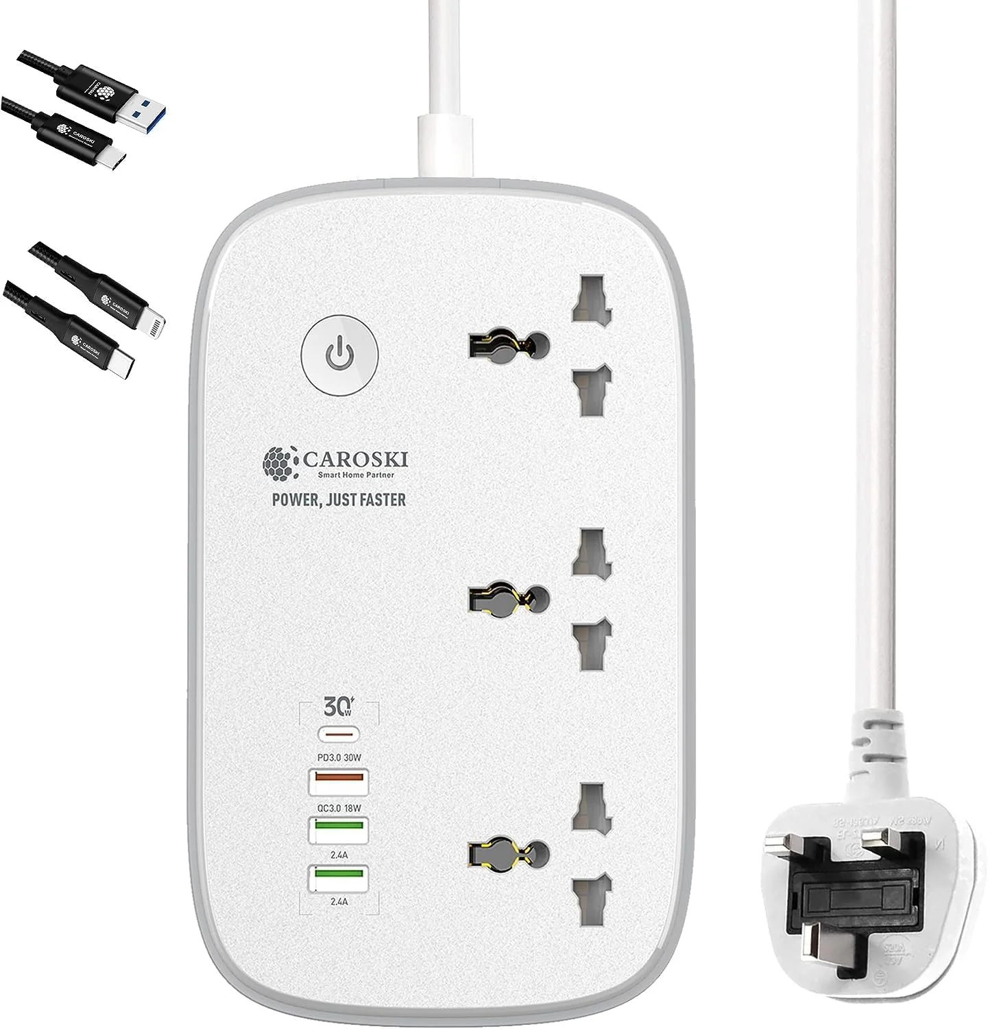 CAROSKI - محافظ هوشمند برق وای فای با 3 پریز AC و 4 پورت USB، سیم удлинительный 1.8 متری، 2 کابل شارژ، شارژر سریع 30 واتی، محافظ افزایش جریان برق، سازگار با Google Home و Alexa