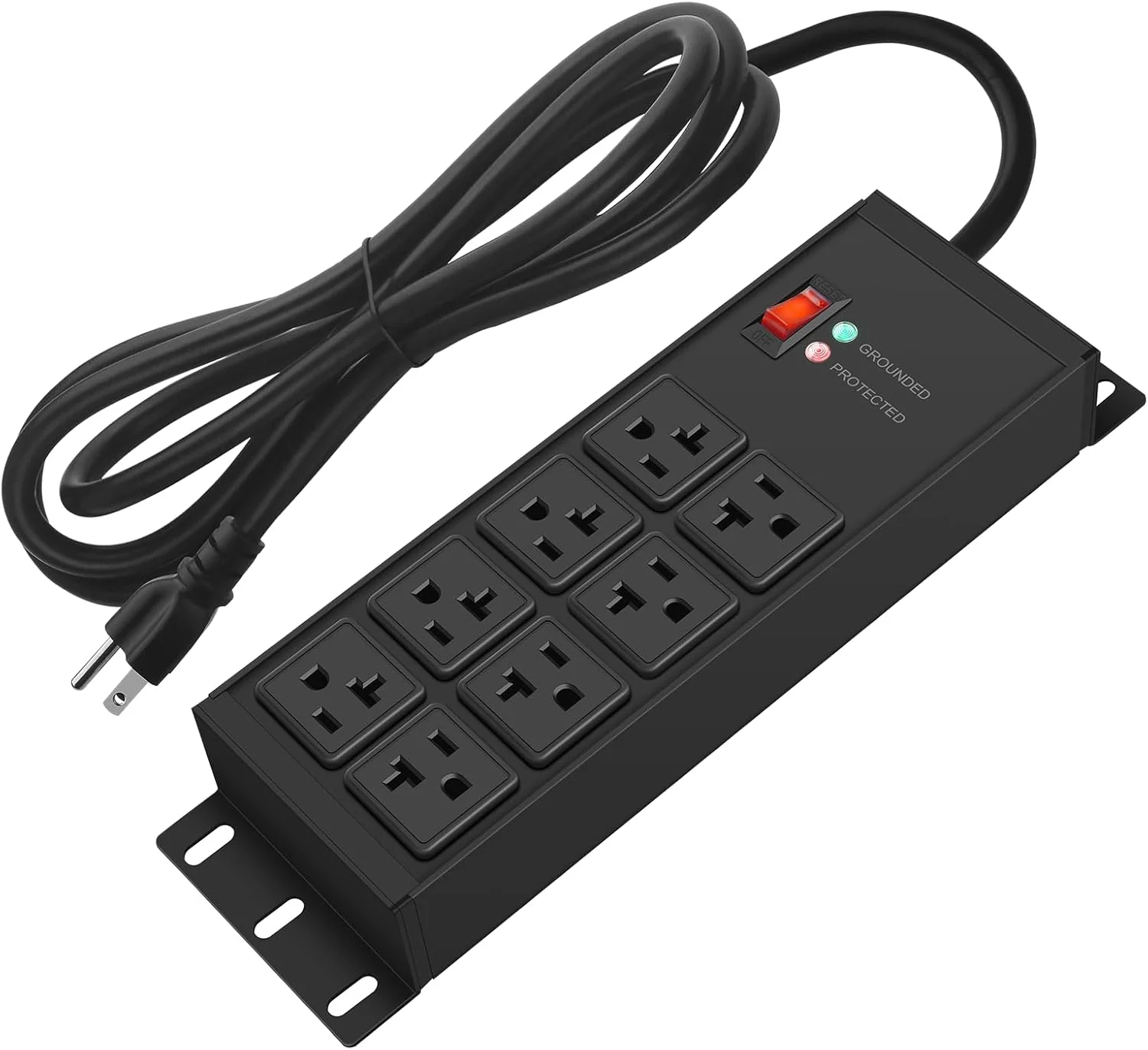 محافظ برق صنعتی CCCEI مشکی با مقاومت بالا 20 آمپر، دارای 8 پریز، سیم 12 گیج، مناسب کارگاه صنعتی و گاراژ، بدنه فلزی با پریزهای متعدد، کابل افزایش طول 6 فوتی با آداپتور 5-15P و آمپراژ بالا 6-20R T-Slot 20a مناسب لوازم خانگی