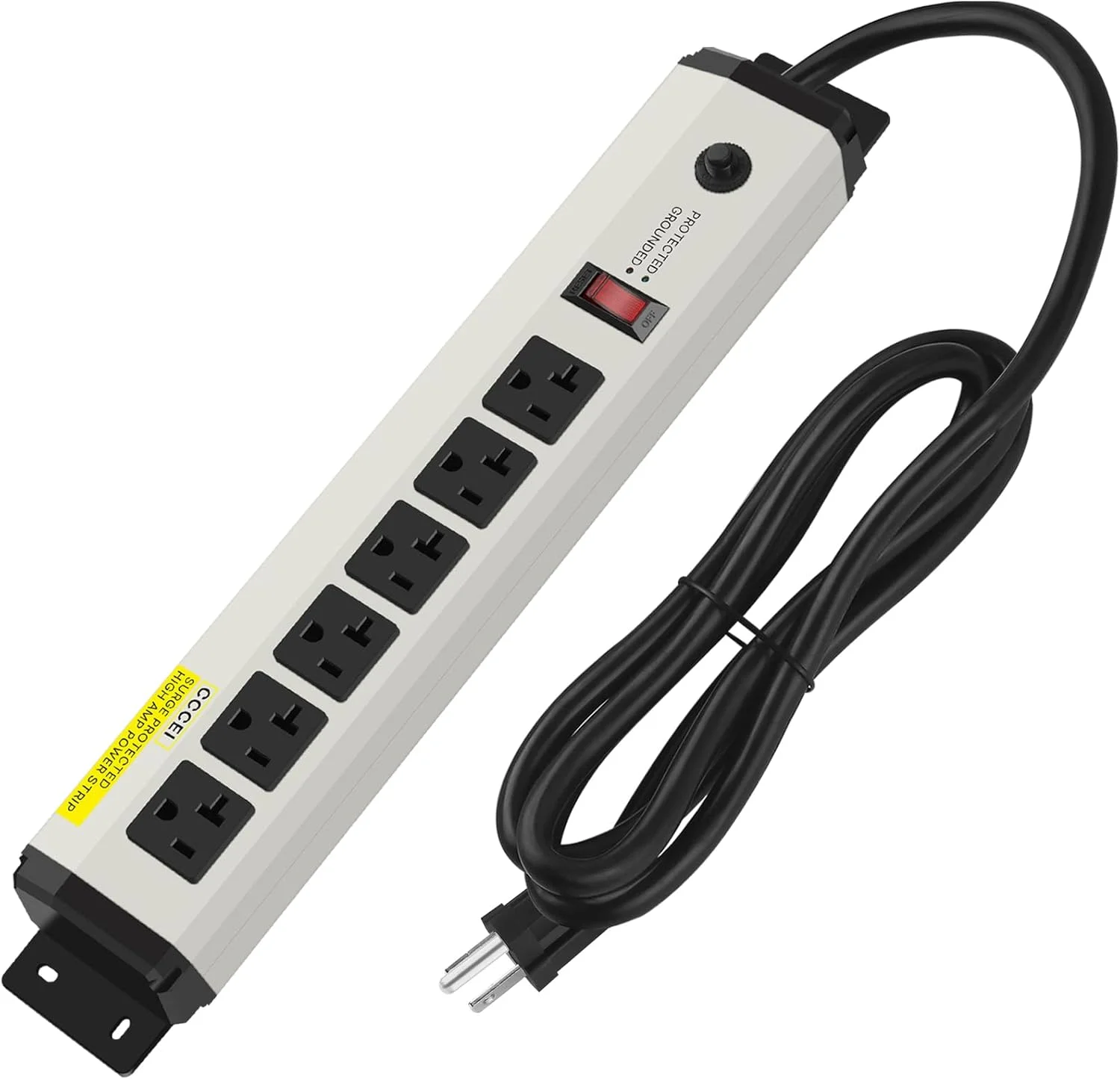 محافظ برق CCCEI برای محافظت از نوسانات برق، مناسب برای سیم برق 12 گیج، 4800 ژول، 20 آمپر، 6 پریز، مناسب برای کارگاه صنعتی، گاراژ، فلزی، دارای چندین خروجی و سیم رابط 15 فوتی