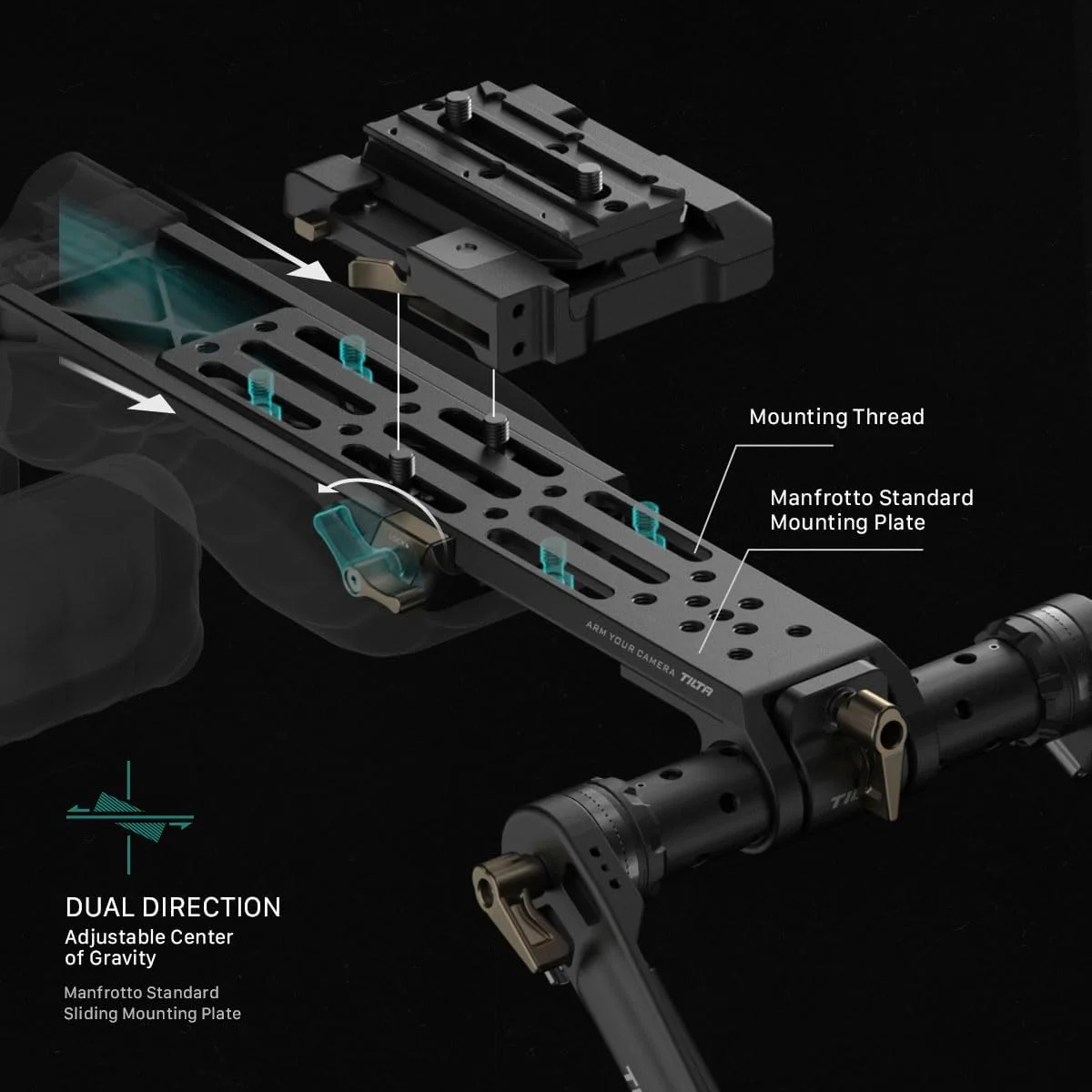 ریگ شانه‌ای سبک وزن Tilta | تاشو | آلیاژ آلومینیوم درجه هوانوردی | رهاسازی سریع دوگانه | مانت راد 15 میلی‌متری/ آداپتور ریل NATO | سازگار با Manfrotto/Arca | TA-LSR-B