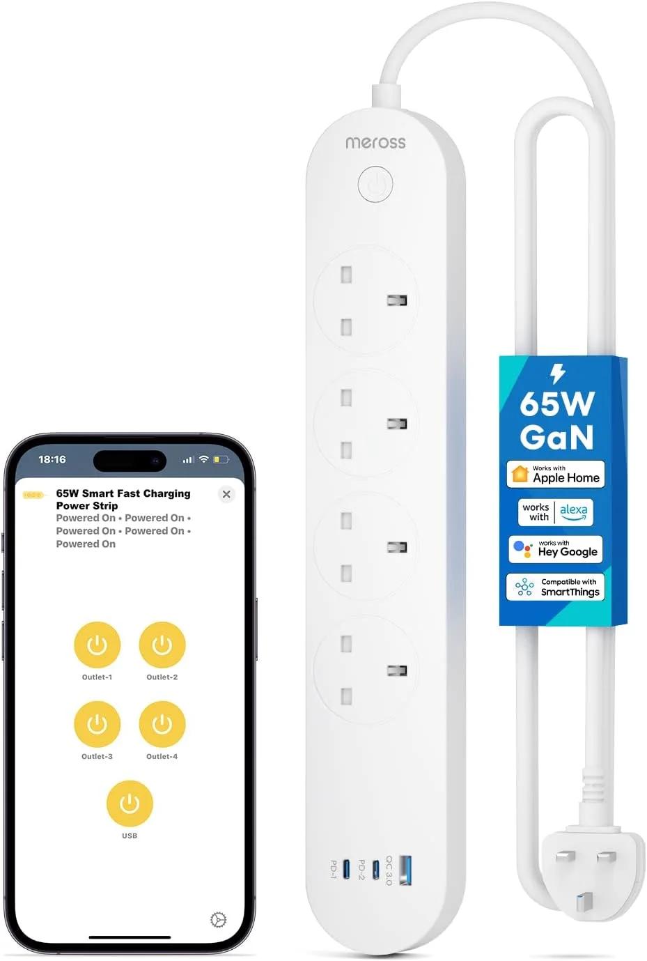 محافظ هوشمند برق Meross، شارژر سریع 65 واتی GaN، 4 پریز برق + 2 پورت USB C + 1 پورت USB A، دوشاخه وای فای با 2 پورت PD، پشتیبانی از Apple HomeKit، Alexa، Google Home و SmartThings، کنترل صوتی/از راه دور، فقط 2.4 گیگاهرتز