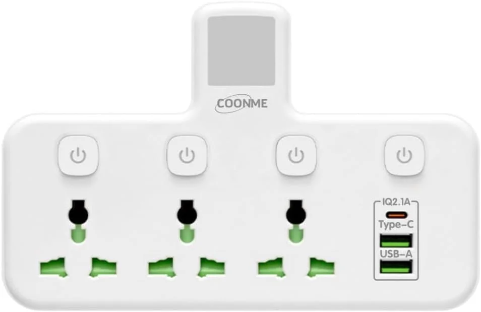 تبدیل برق 6 در 1 با چراغ خواب، 3 پریز AC، شارژر سریع Type-C، 3 پورت USB، سه شاخه افزایشی UK، محافظ افزایش ولتاژ برای خانه، دفتر، لوازم جانبی آشپزخانه