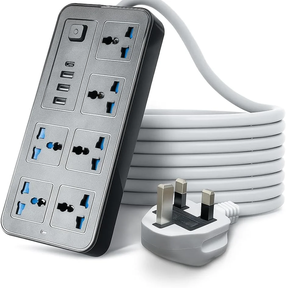 سیم رابط چند منظوره یونیورسال، 6 پریز سه پین بریتانیایی، 3 پورت USB و 1 پورت Type-C، محافظ برق 2 متری با عملکردهای متعدد برای خانه، آشپزخانه، دفتر، میز، آداپتور افزایش پریز - مشکی