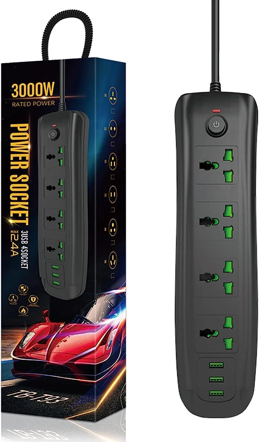 محافظ برق 4 راهی 5 متری، 4 پریز برق و 3 پورت USB، کابل 5 متری، دوشاخه بریتانیایی، کابل 5 متری 250 ولت 3000 وات - مشکی (5M T93)