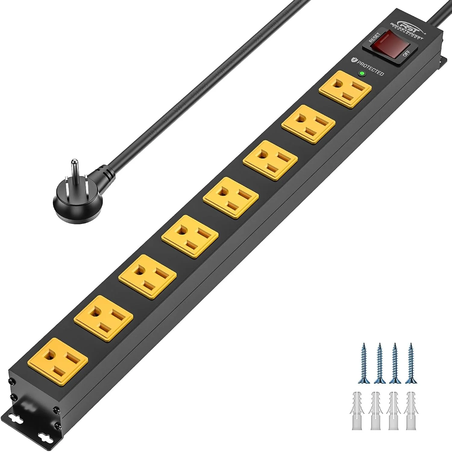 محافظ برق فلزی 8 خروجی CRST، محافظ برق قوی با توان 2100 ژول، سیم 1.8 متری مناسب کارگاه و گاراژ، 15 آمپر/1875 وات (مشکی+زرد)
