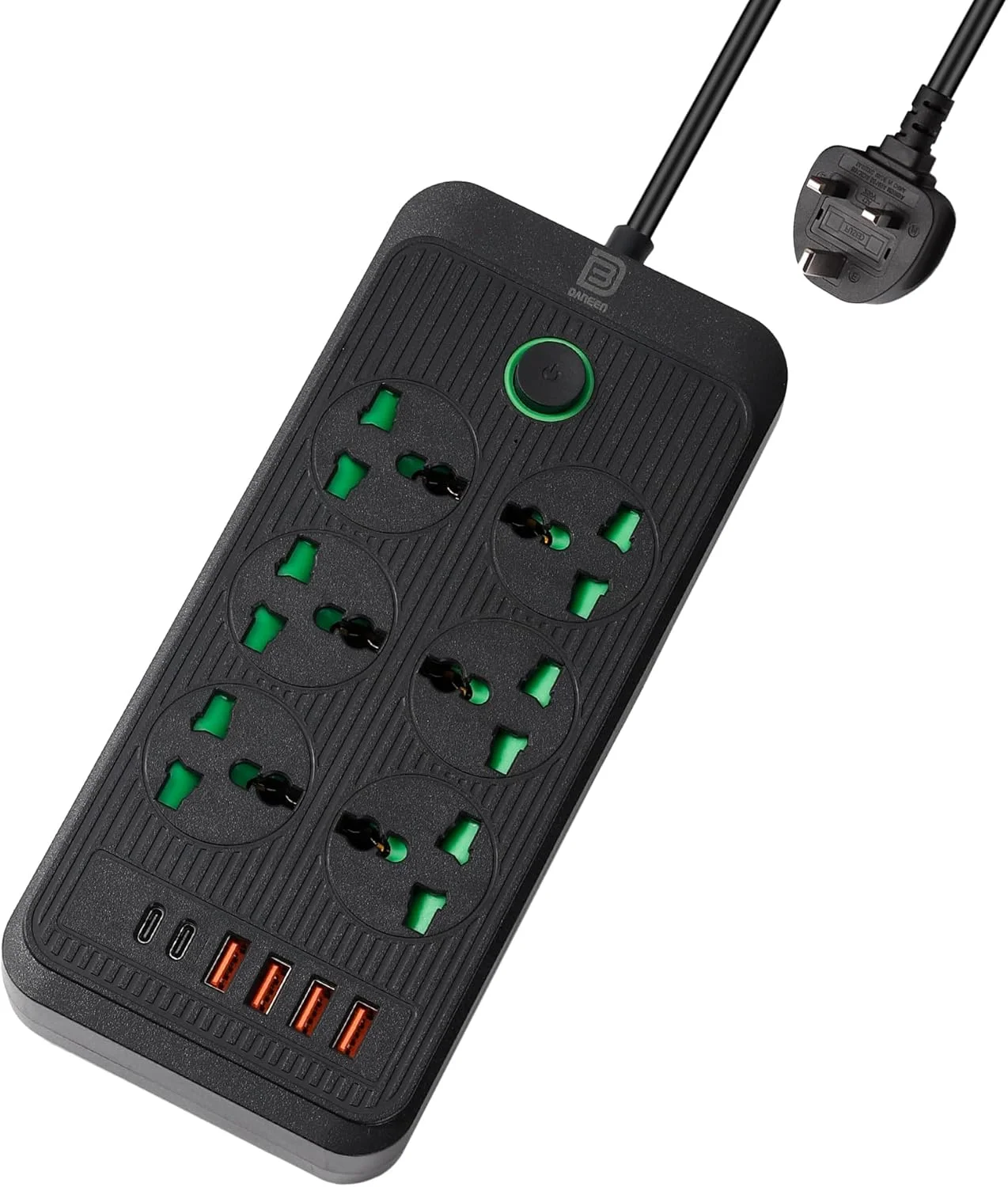 تبدیل برق 12 در 1 DANEEN – دارای 6 خروجی برق با 4 پورت USB-A + 2 پورت USB-C PD 20 واتی، کابل 3 متری مقاوم، محافظت داخلی در برابر نوسانات برق و شاترهای ایمنی (مشکی)