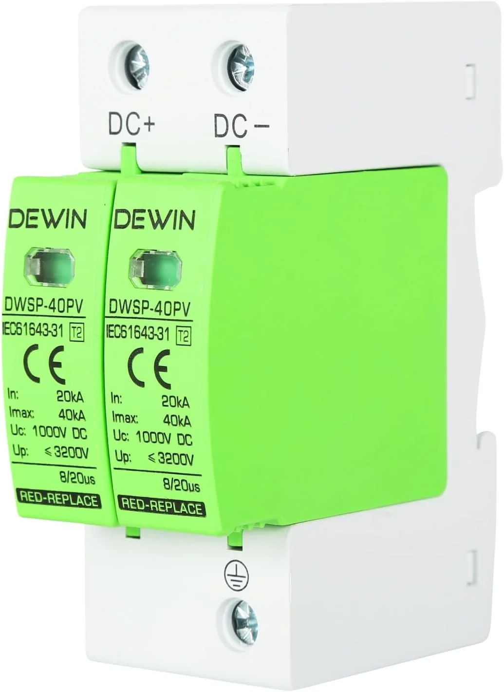 دستگاه محافظت از ولتاژ ناگهانی DEWIN، 2P 40KA دستگاه برقگیر فتوولتائیک DC 1000V محافظ ولتاژ ناگهانی دستگاه حفاظت در برابر صاعقه ریل DIN 35 میلی متری