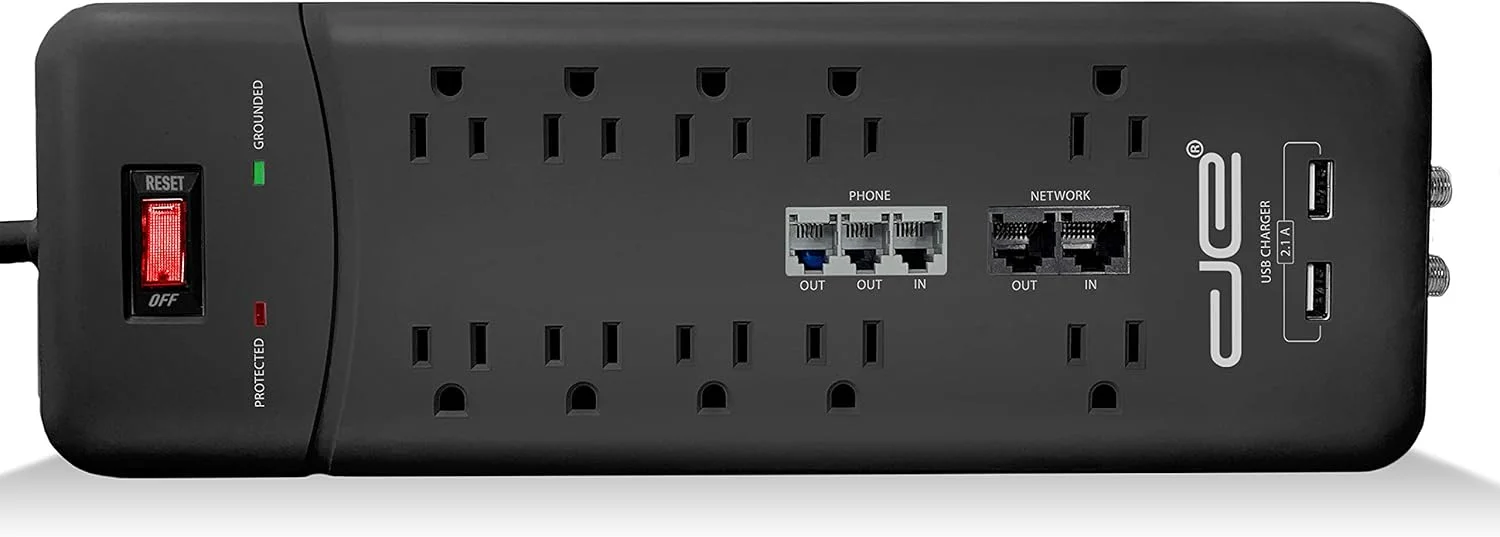 محافظ برق 10 پریز دیجیتال انرژی، کابل 4.5 متری، 3500 ژول، دو پورت شارژ USB، محافظ کواکسیال و تلفن، دارای استاندارد ETL، 15 آمپر، مشکی