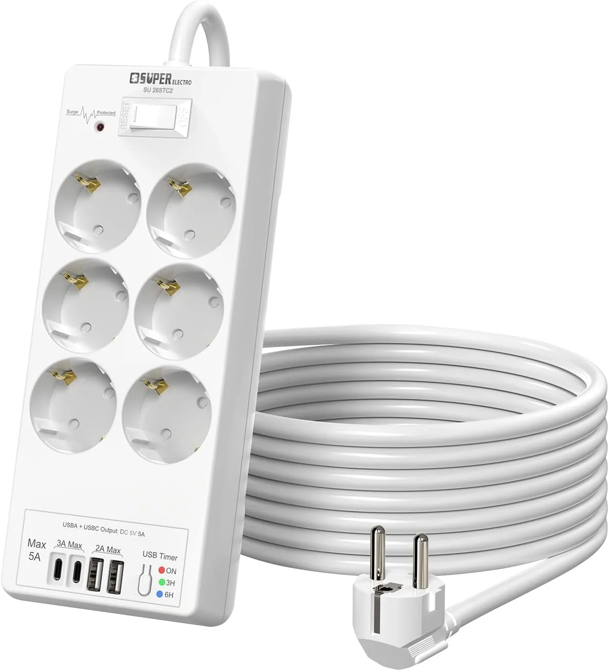 محافظ برق 6 خانه با USB (2 پورت USB-A و 2 پورت USB-C)، تایمر USB، قابلیت نصب روی دیوار (4000 وات)، پریز با کلید و کابل 1.5 متری، قابلیت نصب روی دیوار برای تلفن های هوشمند، لپ تاپ