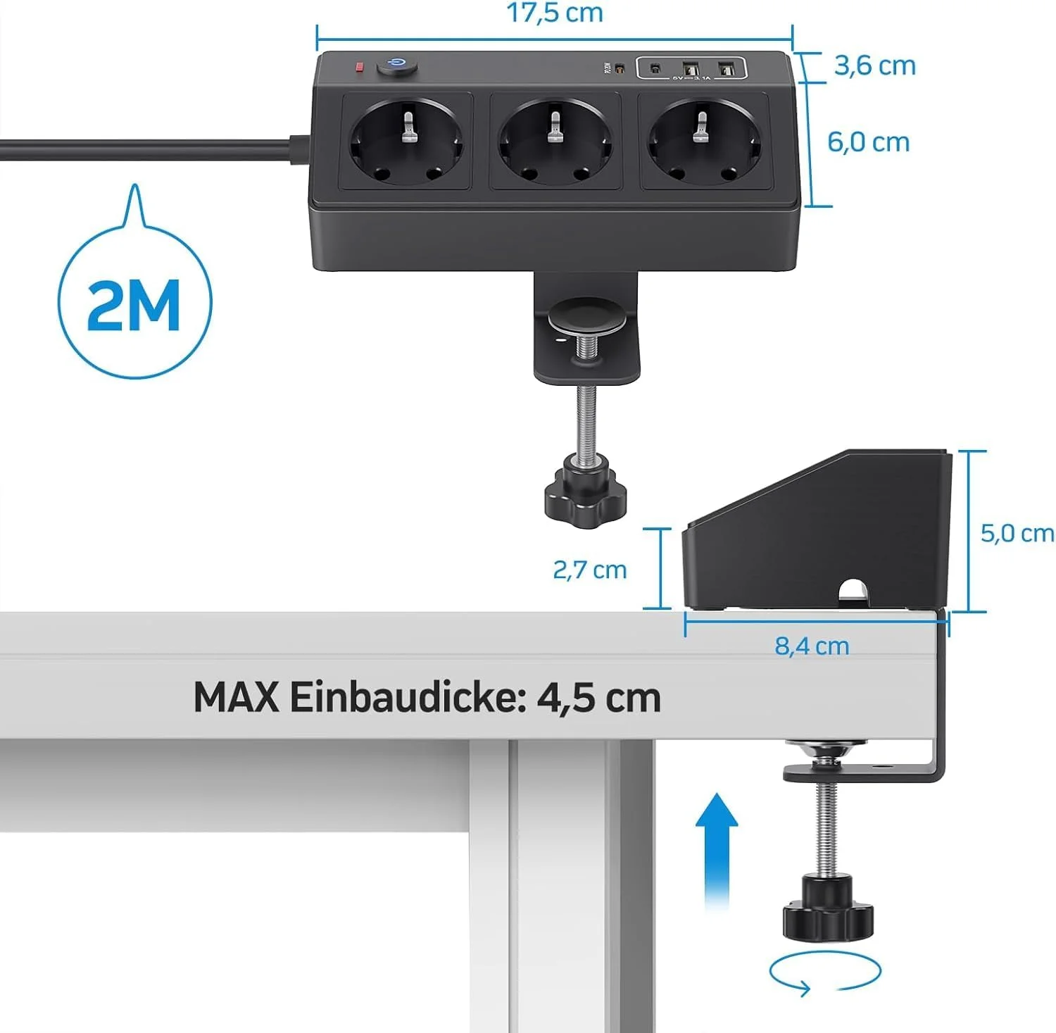 پریز رومیزی با USB C PD 20W، پریز رومیزی 7 در 1 با کلید، پریز چندگانه 3 طرفه، 4 USB با کابل 2 متری، نوار برق 4000 وات/16 آمپر برای دفتر کار خانگی (مشکی)