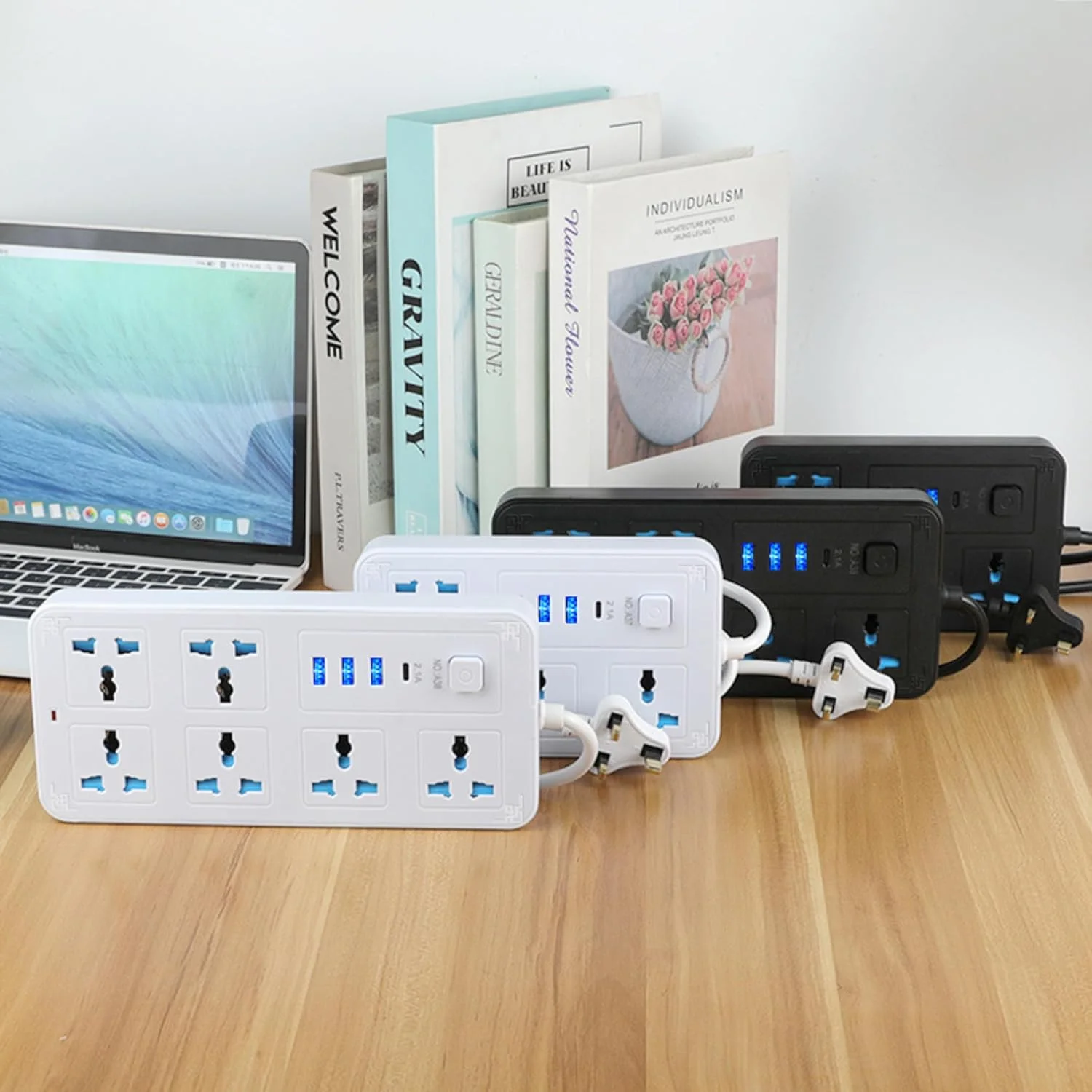 سیم سیار برق 4 پریز AC با 3 پورت USB و 1 پورت Type-C، سیم سیار 2 متری، چند راهی برق جهانی برای خانه، دفتر و آشپزخانه