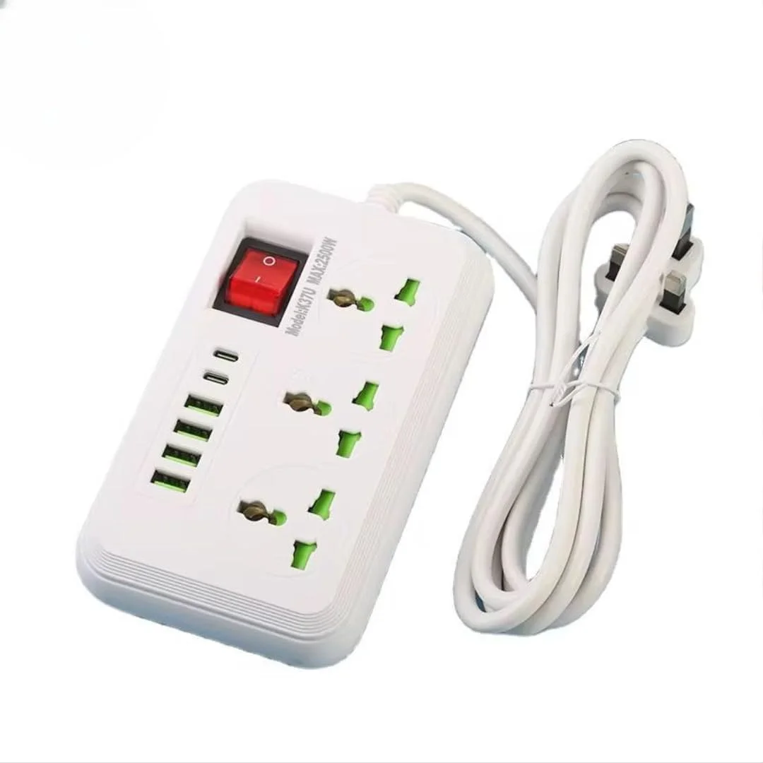 سیم رابط چند منظوره برق با 3 پریز و 5 پورت شارژ USB – چند راهی برق با کلید روشن/خاموش، محافظ برق برای خانه، دفتر و مسافرت (حداکثر 2500 وات)