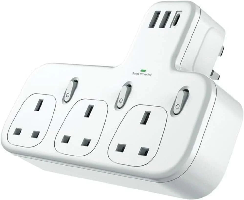 چندراهی برق | 3 پریز AC، 2 پورت USB و 1 پورت شارژ سریع PD | هاب توسعه سفید و جمع و جور برای خانه، دفتر و مسافرت