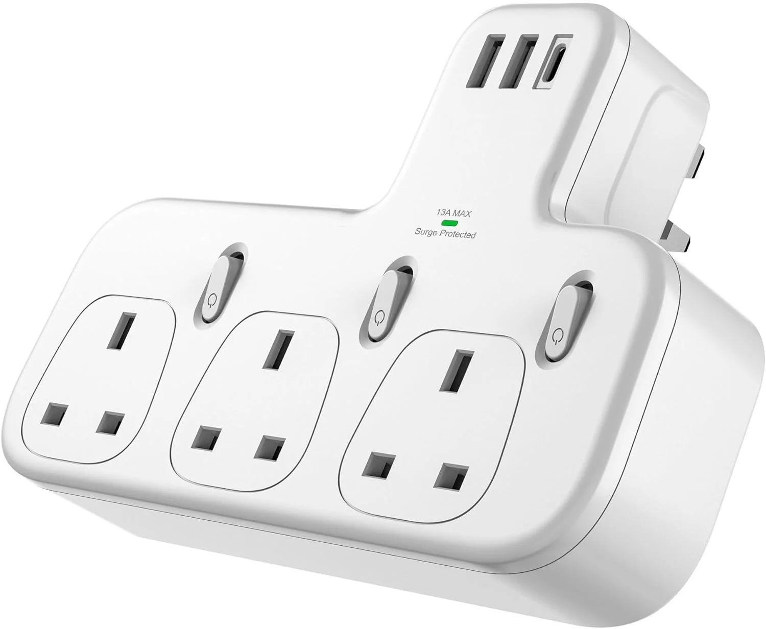 محافظ برق هوشمند با 3 پریز برق متناوب، 2 پورت USB و 1 شارژر سریع USB-C PD - محافظ برق جمع و جور برای خانه و دفتر