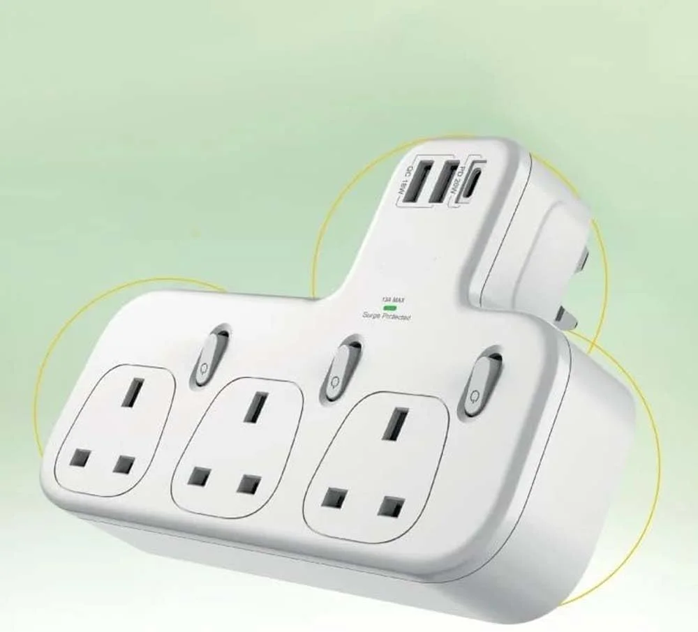 چندراهی برق | 3 پریز AC، 2 پورت USB و 1 پورت شارژ سریع PD | هاب توسعه سفید و جمع و جور برای خانه، دفتر و مسافرت