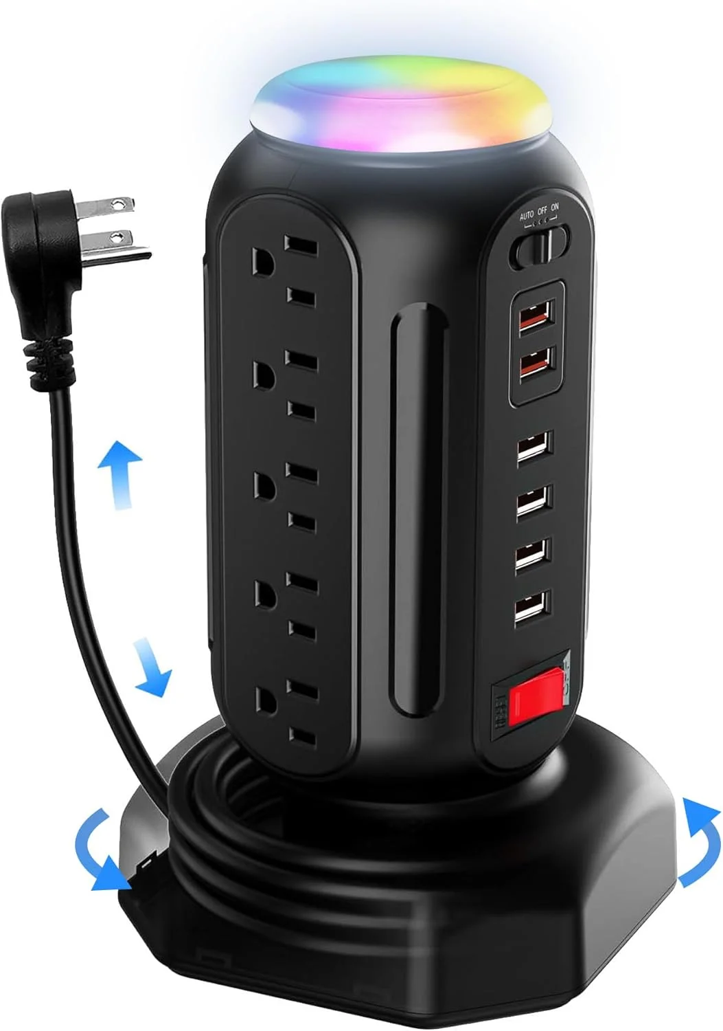 برج محافظ برق با چراغ خواب رنگارنگ، 15 پریز AC و 6 پورت USB سریع، سیم جمع شونده با چند خروجی، محافظ ولتاژ 900 ژول با دوشاخه تخت (مشکی)