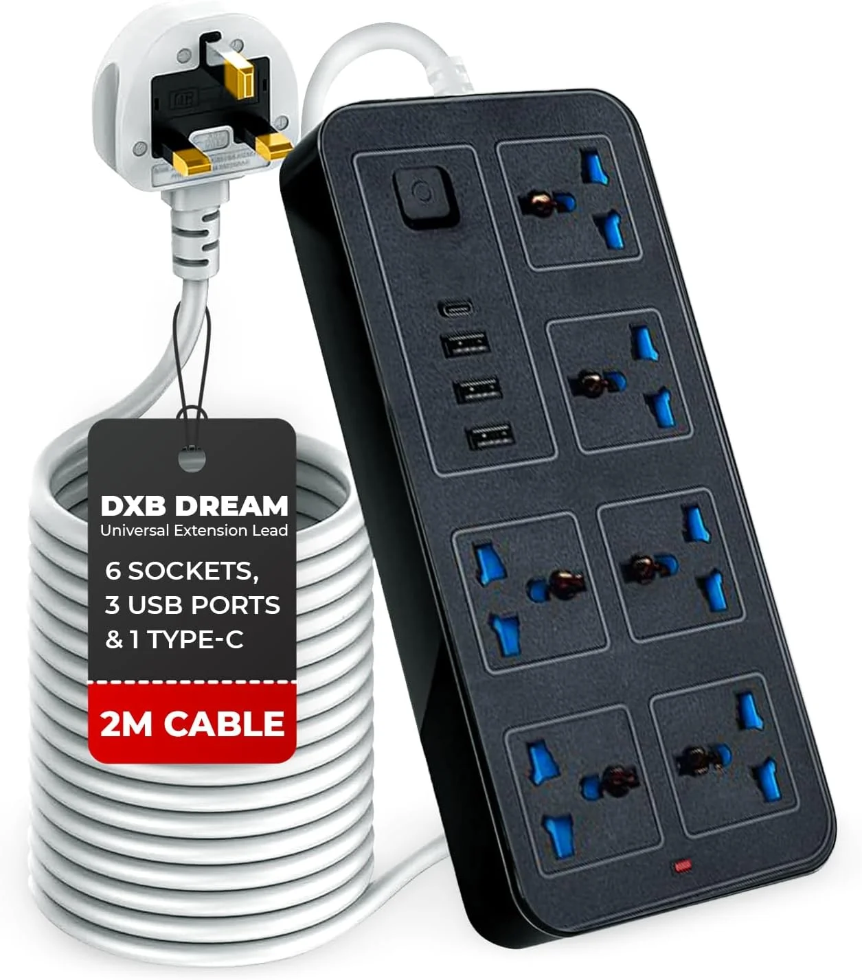 سیم سیار یونیورسال | 6 پریز، 3 پورت USB و 1 پورت Type-C | کابل 2 متری، محافظت در برابر اضافه بار، طراحی بادوام - ایده آل برای خانه، دفتر یا مسافرت - مناسب برای CN، AUS، UK، HK، SG (مشکی)