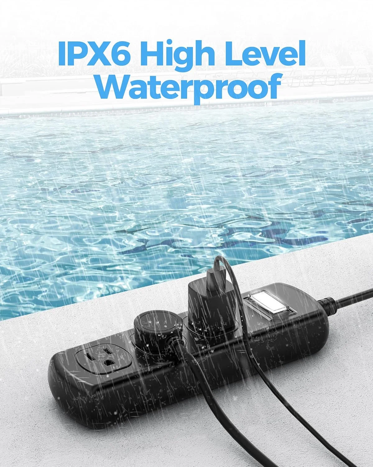 محافظ برق ضد آب EIGSO مناسب فضای باز با درجه IPX6، دارای 3 پریز عریض، محافظت در برابر شوک الکتریکی، کابل برق 3 متری مقاوم برای باغ و حیاط، مشکی