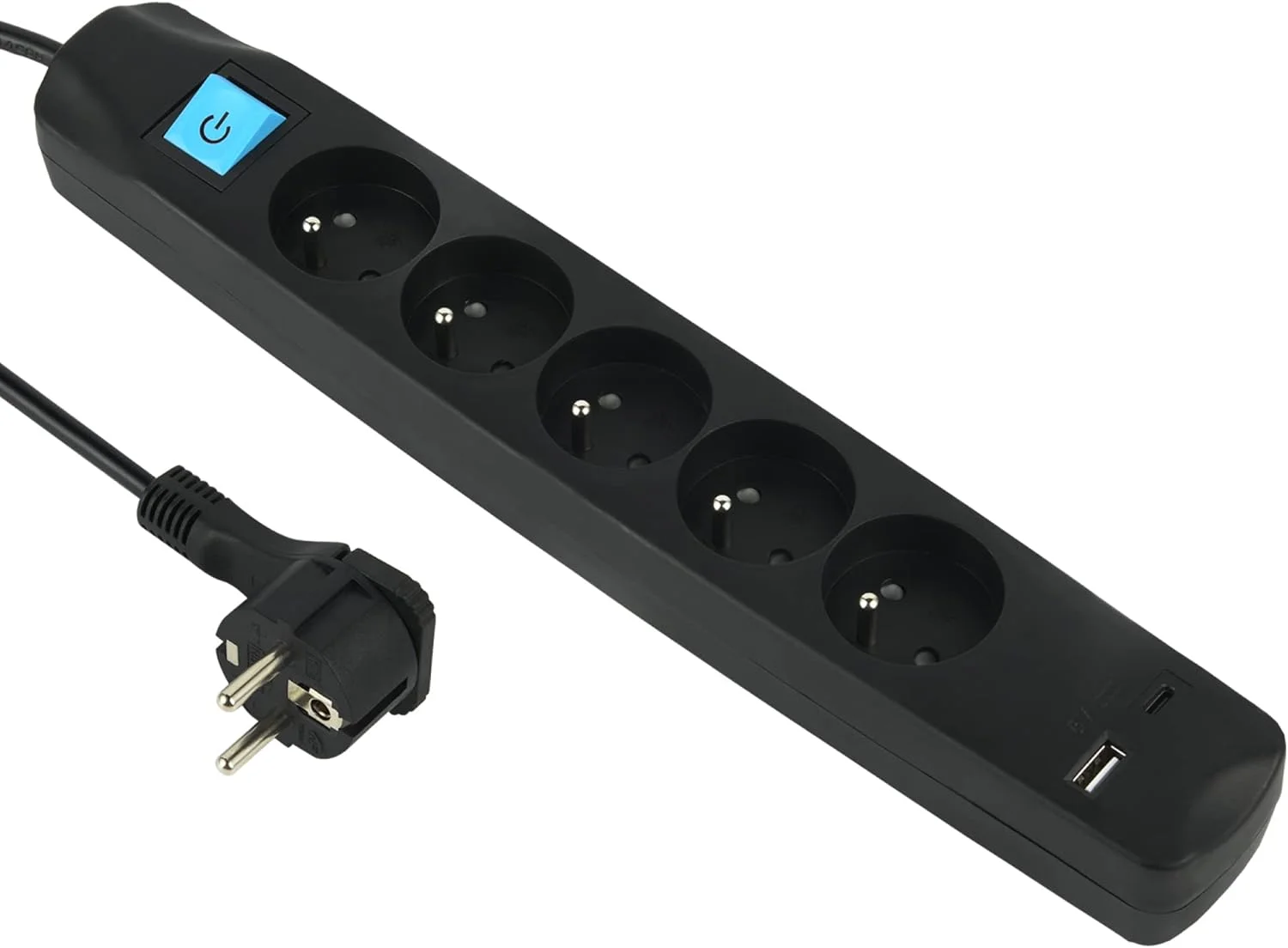 محافظ برق Electraline 35615 با 5 پریز فرانسوی + 2 پورت USB 3.4 آمپر 17 وات A + 1 پورت Type C، دارای کلید روشن/خاموش، دوشاخه فوق العاده تخت 90 درجه 16 آمپر، کابل 1.5 متری، مشکی