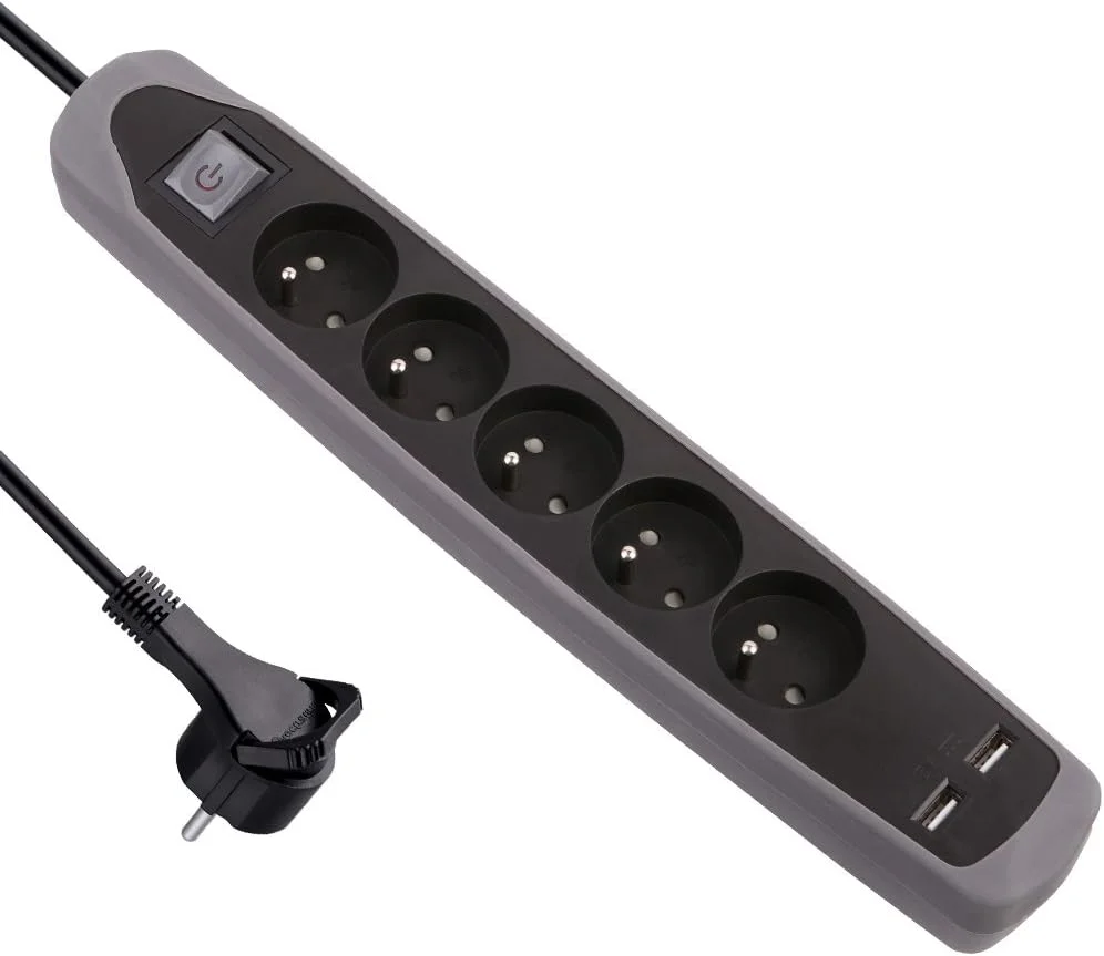 محافظ برق Electraline 35619 با 5 پریز، 2 پورت USB و کلیدهای سیلیکونی ضد لغزش خاکستری 2 متری