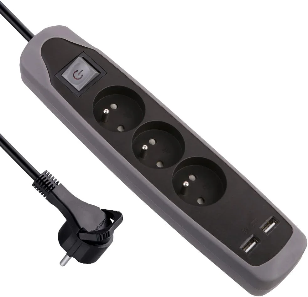 Electraline 35613 محافظ برق با 3 پریز و 2 پورت USB با پوشش سیلیکونی محافظت در برابر ضربه خاکستری 2 متر