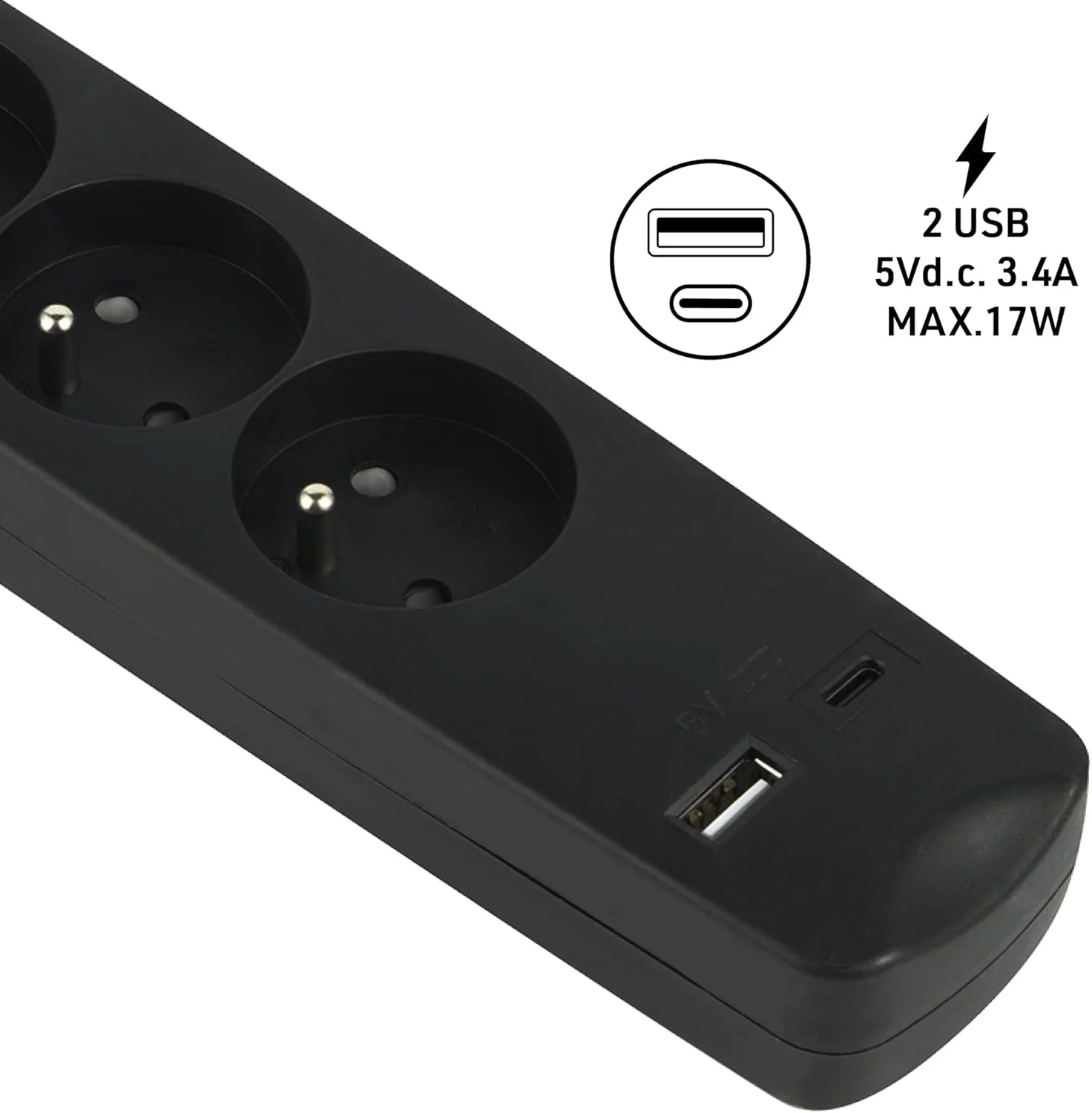 محافظ برق Electraline 35615 با 5 پریز فرانسوی + 2 پورت USB 3.4 آمپر 17 وات A + 1 پورت Type C، دارای کلید روشن/خاموش، دوشاخه فوق العاده تخت 90 درجه 16 آمپر، کابل 1.5 متری، مشکی