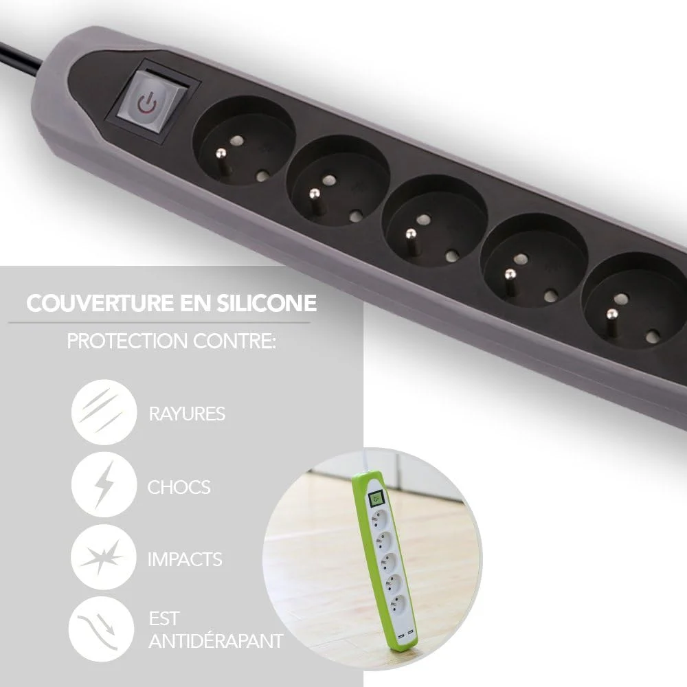 محافظ برق Electraline 35619 با 5 پریز، 2 پورت USB و کلیدهای سیلیکونی ضد لغزش خاکستری 2 متری