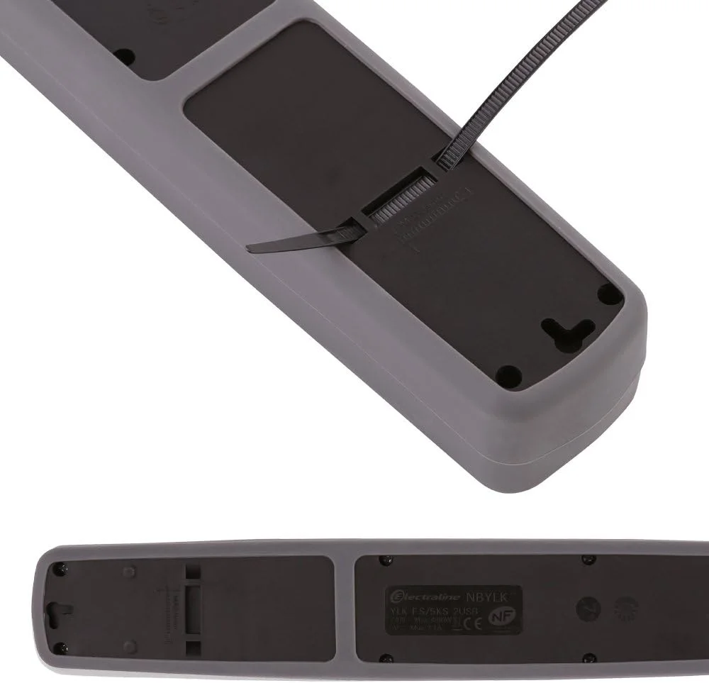محافظ برق Electraline 35619 با 5 پریز، 2 پورت USB و کلیدهای سیلیکونی ضد لغزش خاکستری 2 متری