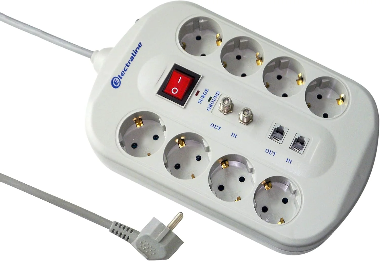 محافظ برق شوکو Electraline 62113 با 8 پریز برق + 2 پریز فکس/مودم + 2 پریز تلویزیون با کلید محافظ، فیلتر اضافه بار EMI/RFI، کابل HO5VVF 3G1 mm²، طول 1.5 متر، خاکستری، حداکثر 230 ولت 16 آمپر.