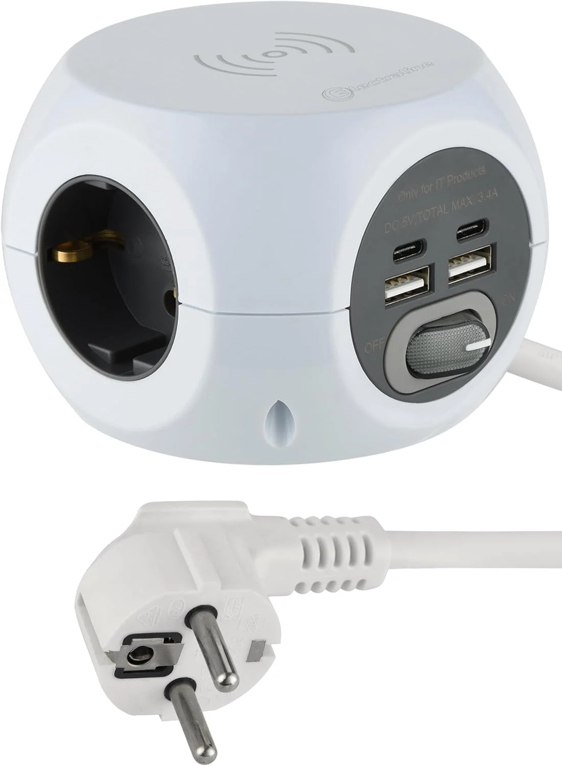 چندراهی برق مکعبی کوچک Electraline 62079 با شارژر وایرلس سریع، دارای 3 پورت USB 2.4 آمپر، دارای 3 پریز با کلید، کابل 1.5 متری، سفید، مادگی