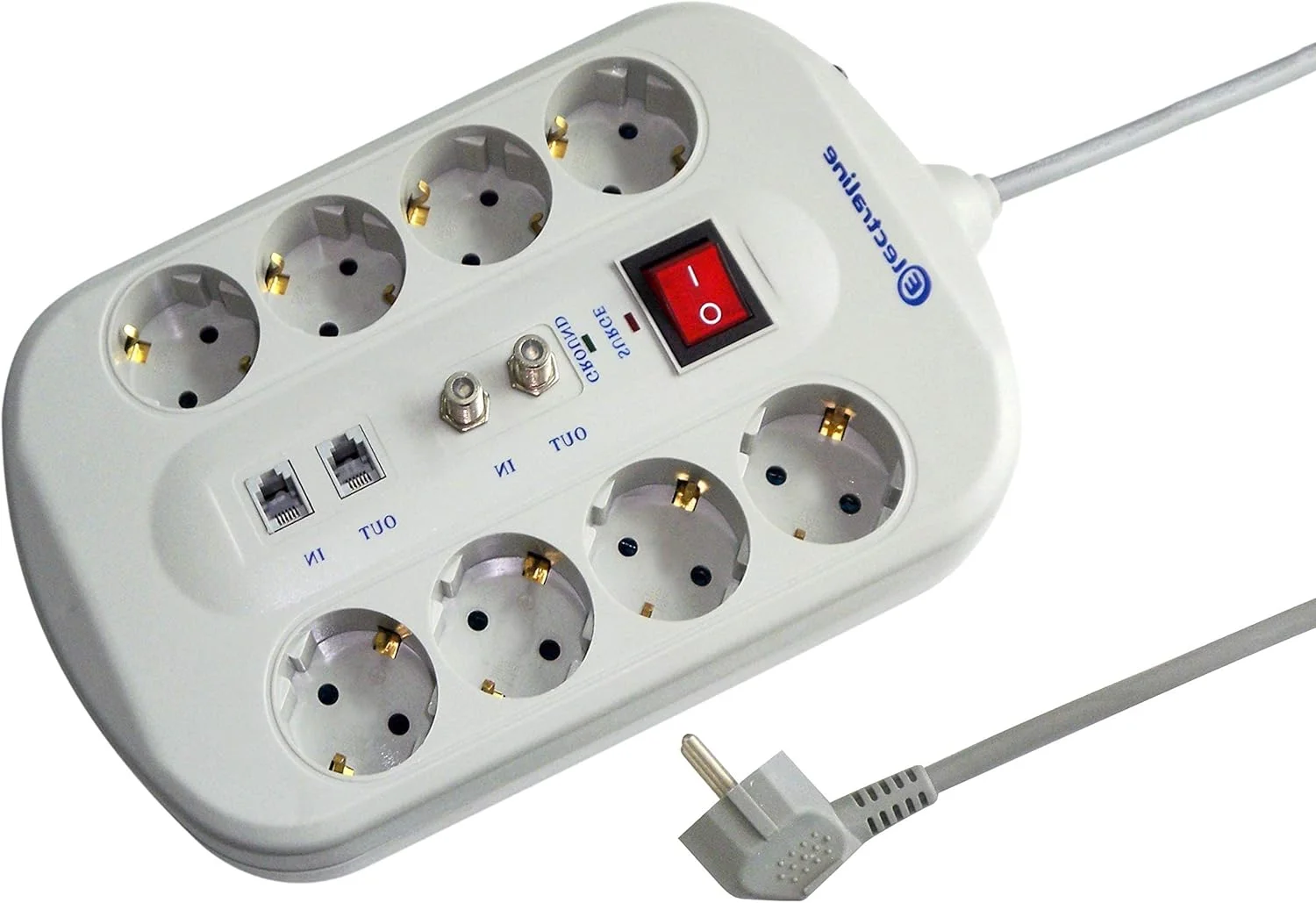 محافظ برق شوکو Electraline 62113 با 8 پریز برق + 2 پریز فکس/مودم + 2 پریز تلویزیون با کلید محافظ، فیلتر اضافه بار EMI/RFI، کابل HO5VVF 3G1 mm²، طول 1.5 متر، خاکستری، حداکثر 230 ولت 16 آمپر.